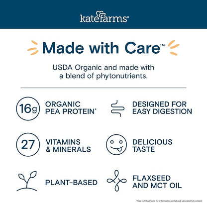 Kate Farms Organic Nutrition Shake, Vanilla, 16g Protein, 27 Vitamins and Minerals, Meal Replacement, 11 oz, 6 Pack