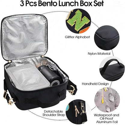 Insulated Lunch Bag for Boys Girls with 10oz Thermo, with 6 Compartment Bento Box, Black Nylon Preppy Lunch Box Adjustable Strap for Boy Girl Kids Teens School Travel Picnic