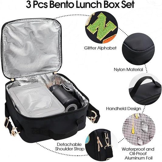 Insulated Lunch Bag for Boys Girls with 10oz Thermo, with 6 Compartment Bento Box, Black Nylon Preppy Lunch Box Adjustable Strap for Boy Girl Kids Teens School Travel Picnic