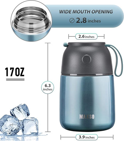 Insulated Thermo Food Jar for Hot & Cold Food for Kids Adult, 17 oz Soup Thermal Hot Food Containers for Lunch, Triple Layer Insulation Stainless Steel Food Jar with Spoon (Lightblue)