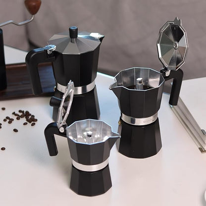 Sivaphe Aluminum Moka Pot 6 Espresso Cups, Percolator Espresso and Coffee Maker, Portable Stovetop Italian and Cuban Café Brewer for Home and Camping Black