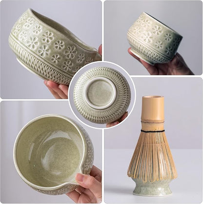 Matcha Whisk Set, 10 Pcs Matcha Set Includes Matcha Bowl, 2 Cups, Matcha Whisk and Holder, Bamboo Scoop and Spoon, Scoop Rest, Sifter and Tea Towel, Complete Matcha Kit (Mottled Green)