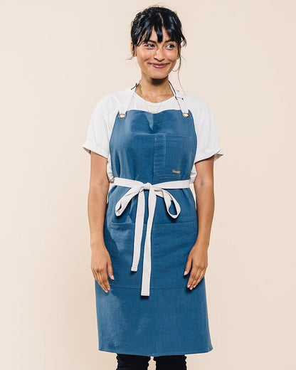 Caldo Linen Kitchen Apron for Cooking- Mens and Womens Linen Bib Apron for Professional Chef, Server, or Barista- Adjustable with Pockets (Vintage Blue)