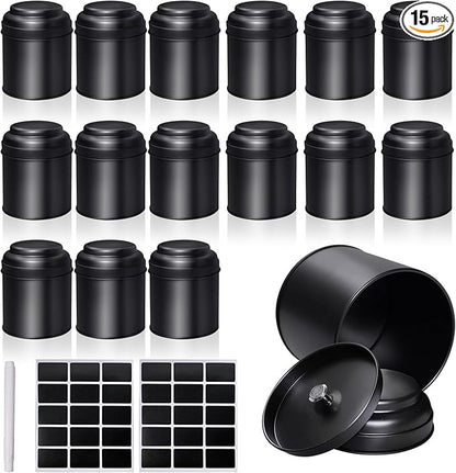 15 Pieces Tea Canisters 8 oz Round Tin Can Containers with Sealed Double Lids for Loose Leaf Tea,Coffee, Sugar, Candy, Spices Storage(Black)