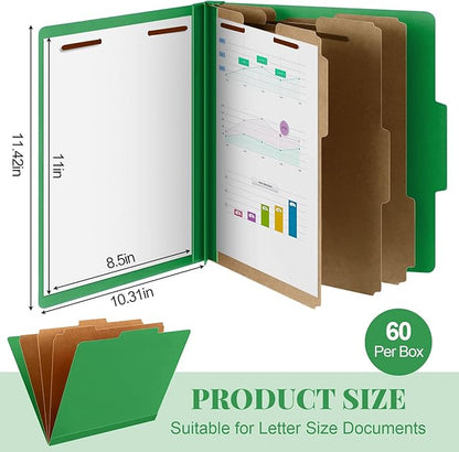 60 Pcs Classification Folders Letter Size, Back to School Supply for Teacher, Student, 3 Dividers Pressboard File Folder Bulk with 2 Fasteners, 3.5 Inch Expanding File Organizer (Green)