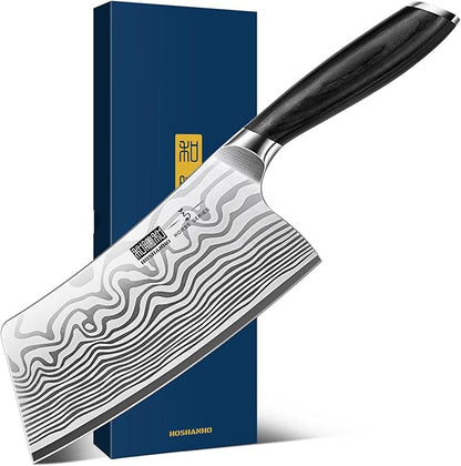 Cleaver Knife 7 Inch, Razor Sharp High Carbon Powder Steel Meat Cleaver, Professional Butcher Chopper Kitchen Knife for Meat Cutting Vegetable Slicing