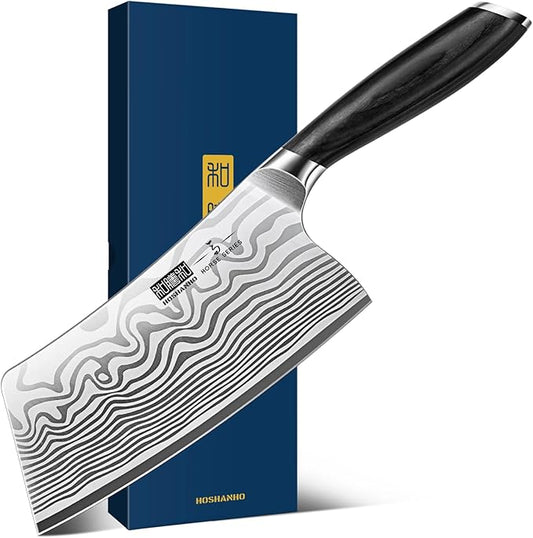 Cleaver Knife 7 Inch, Razor Sharp High Carbon Powder Steel Meat Cleaver, Professional Butcher Chopper Kitchen Knife for Meat Cutting Vegetable Slicing