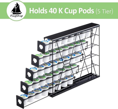 FlagShip 5-Tier Corner Coffee Pod Organizer for K Cup - 40 Capsules Metal Storage, Space-Saving Kitchen Countertop Rack Wall Mountable