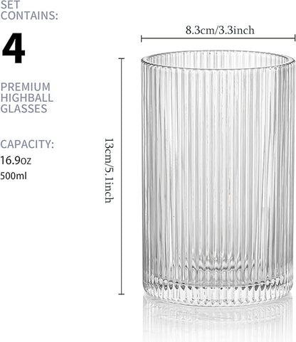 Vintage Ribbed Glassware Set: 4pcs 16.9oz XL Drinking Glasses, Fluted Ripple Drinkware, Origami Style, Elegant Glassware for Whiskey, Cocktail, Iced Coffee, Juice, Beer, Soda