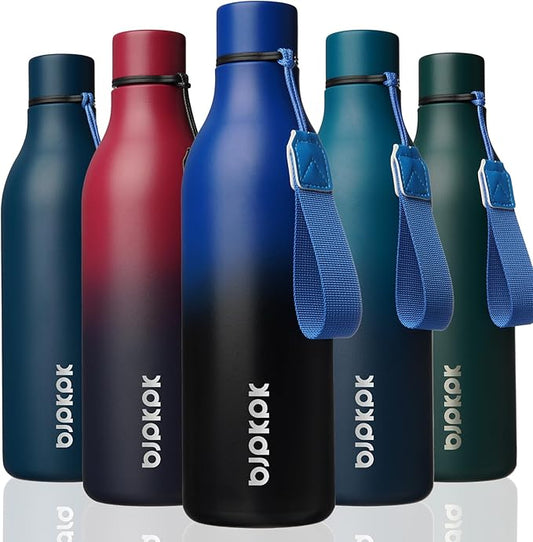 BJPKPK Insulated Water Bottles, 25 oz Stainless Steel Metal Water Bottle with Strap, BPA Free Leak Proof Thermos, Mugs, Flasks, Reusable Water Bottle for Sports & Travel, Blue Black