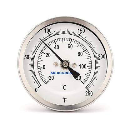 MEASUREMAN Fully Stainless Steel Pot, Kettle, Brewing Bimetal Thermometer, 3" Dial, 4" Stem, 0-250 deg F/-20-120 deg C, -1% Accuracy, Adjustable, 1/2" NPT Back Mount