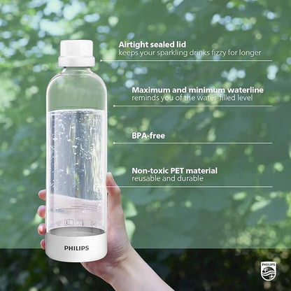 PHILIPS Carbonating Bottles ADD910WHOQ/37, 1L Twin Pack Reusable PET Water Bottles Compatible Sparkling Water Maker, 2 Pack for ADD4902BKOQ/37, ADD4902WHOQ/37 and ADD4901GROQ/37, ADD4901BKOQ/37