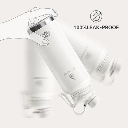 IDEUS Insulated Stainless Steel Water Bottle with 2 Leak-Proof Lids, Thermal Water Flask for Hiking Biking, 40oz, White