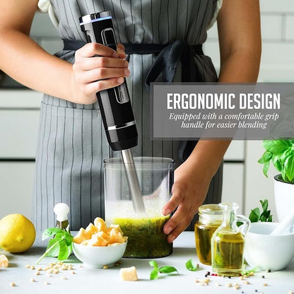 OVENTE Cordless Immersion Hand Blender, Rechargeable Handheld Portable Stick Mixer with 8 Mixing Speed Option, One-Touch Control and Stainless Steel Blades for Smoothies, Shakes or Soups, Black HR781B