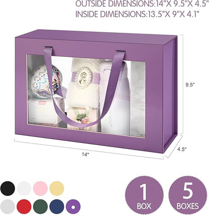 Large Purple Clear Gift Box, 13.5x9x4.1 Inches Gift Box with Window by Handle, Bridesmaid Proposal Box, Collapsible Gift Box with Magnetic Closure (Glossy Purple, 1 Pack)