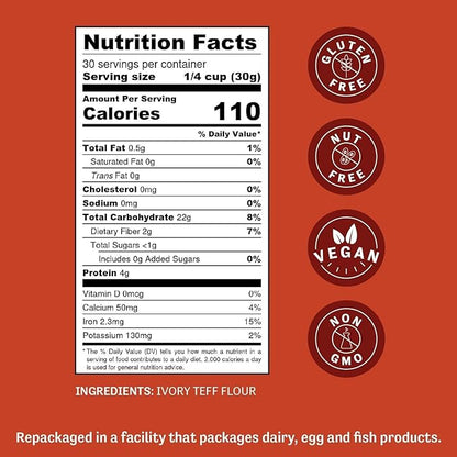 Judee's Ivory Teff Flour 2 lb - Non-GMO, Vegan, Made in USA - Resistant Starch - Great for Making Quick Teff Bread, Injera, Muffins, Pancakes, and Cookies - Gluten-Free and Nut-Free
