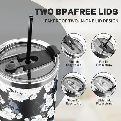 40 oz Tumbler with Lids and Straws, Stainless Steel Insulated Coffee Tumbler, Double Wall Vacuum Insulated Travel Mug Cup, Leakproof Thermal Coffee Cup for Hot and Cold Drinks (White Flower)