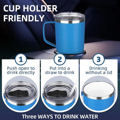 20 oz Insulated Coffee Mug with Ceramic Coating, Stainless Steel Travel Mug Tumbler with Handle Lid and Straw, Double Wall Leak-Proof Coffee Travel Mug Keeps Drink Hot and Cold (Blue)