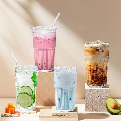 18.5oz Glass Cups with Lids and Straws – Single Reusable Tumbler, Thickened Shatter-Resistant Glass, Ideal for Iced Coffee, Smoothies, Cocktails, Juices – Elegant & Durable Drinkware