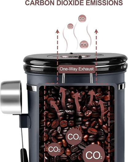 1800ML Airtight Coffee Canister with Date Tracker&Transparent Window, 22.8OZ Coffee Container with 30ML Measure Spoon&4 co2 Valve, Coffee Bean Storage Container for Grounds Coffee, Beans, Tea(Gray)