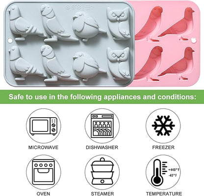 Bird-Themed Chocolate Mold Set - Food-Grade Silicone Baking Molds with Parrot, Owl, Dove & Sparrow, Reusable for Nature Cakes, Baby Showers & Bird Lover Gifts - 2 Pack
