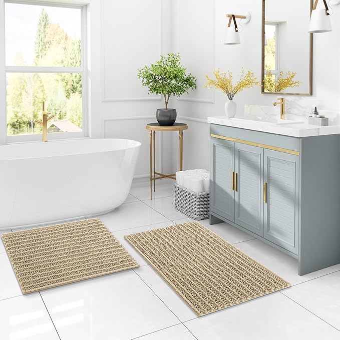 Arotive Luxury Chenille Bathroom Rug Mat, Extra Soft Thick Absorbent Shaggy Bath Rugs, Non-Slip Machine Wash Dry, Plush Bath Mats for Bathroom, Shower and Tub, 60x24, Beige