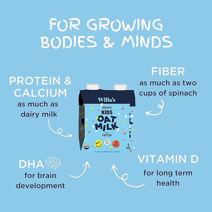 Willa's Organic Kid's Oat Milk with 8g Protein & 240g Calcium, Plant-Based Milk for Kids, Dairy-Free, Low Sugar, 2g Fiber – 8.25 oz, 16 Pack