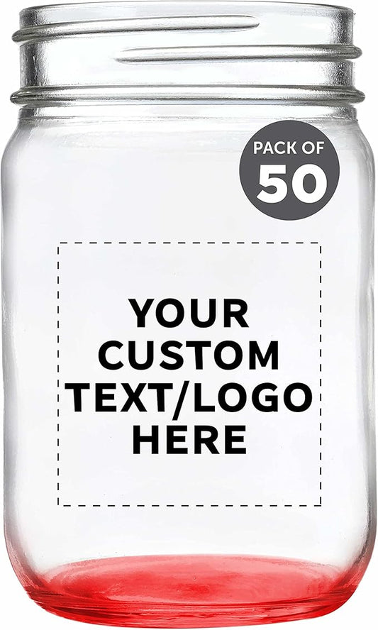 DISCOUNT PROMOS Custom Decorating Mason Jars 12 oz. Set of 50, Personalized Bulk Pack - Glass Jars for Overnight Oats, Candies, Fruits, Pickles, Spices, Beverages - Red