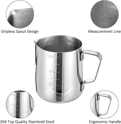 4 Pcs Stainless Steel Espresso Milk Frothing Pitcher Set with Latte Art Pen, 12 oz Milk Frother Cup, Frothing Cup for Cappuccino, Latte, Home & Cafe Use