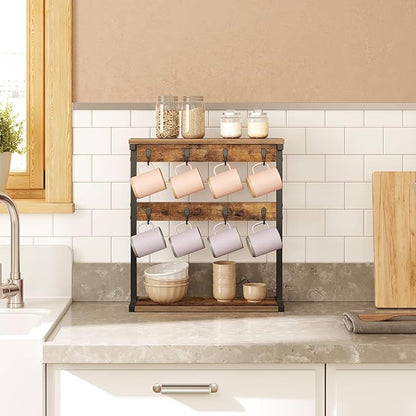 Coffee Mug Holder for Counter, 2 Tier Mug Tree Rack, with 8 Hook and 2 Open Shelves, Vintage Mug Holder Stand for Home Kitchen, Rustic Brown MH43BR