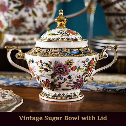 ACMLIFE Tea Set for Adults for 6, Blue and White Tea Set with Cups, Bone China Vintage Floral British English Tea Pot with Cups and Saucers for Women Party, Afternoon Service or Gift Giving (Pink)