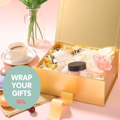 HAPPY POTATO Christmas Gift Box with Ribbon 9x6.5x3.8 Inches, Bridesmaid Proposal Boxes with Lid, Magnetic Gold Gift Box for Presents (Glossy Gold)