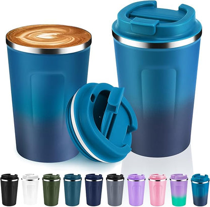 Volhoply 12 oz Double Wall Insulated Vacuum Travel Coffee Mugs with Flip Lid Bulk 2 Pack,Reusable Stainless Steel Leak Proof Coffee Cup,Portable Thermal Tumbler for Cold & Hot Drinks(Dark Night,2 Set)