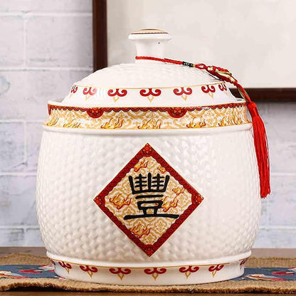 Traditional Chinese Style Large-Capacity Rice Pot, Ceramic Rice Bucket With Tassel Design, Airtight Storage Container For Rice, Grain, Snacks, Dry Foods