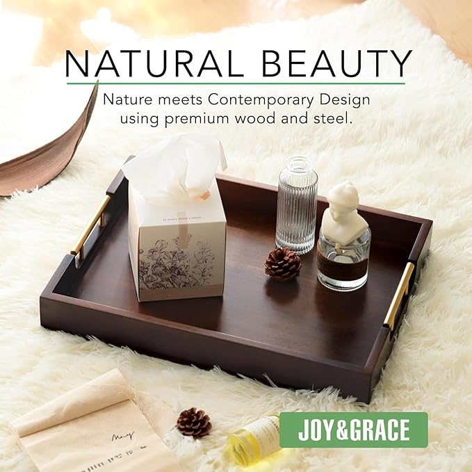 Joy&Grace Acacia Wooden Serving Tray with Metal Handles 16.7 x 12.8 inch Decorative Ottoman Tray for Living Room Coffee Table Large (Color Brown)