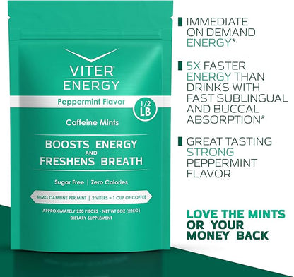 Viter Energy Caffeinated Mints 40mg Caffeine, B Vitamins, Sugar Free. (Peppermint, 8oz, Bulk Bag)