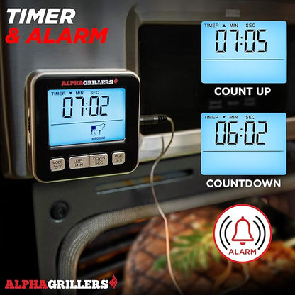 Alpha Grillers Meat Thermometer Digital for Oven - Large Display Oven Thermometer for Cooking - Leave-in BBQ Grilling Probe with 7 Presets, Timer, Alarm - Gifts for Men Him Boyfriend Husband