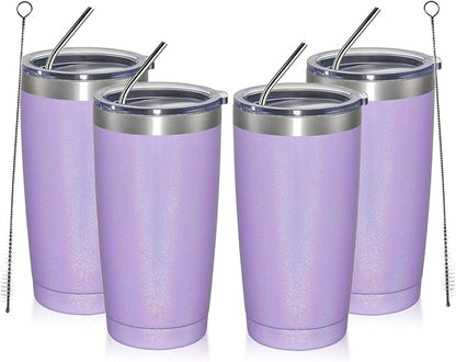 MEWAY 20oz Tumbler 4 Pack Double Wall Vacuum Insulated Travel Glitter Mug Bulk, Stainless Steel Tumblers with Lid and Straw, Powder Coated Coffee Cups for Woman(Rainbow Purple,Set of 4)