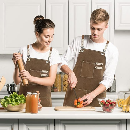 Cotton Canvas Cross Back Apron for Art Painting Garden Chef Bartender Work,Women Men 3 Pockets Waterproof Adjustable M-XXL