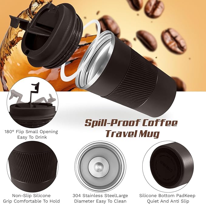 Vacuum-Insulated Stainless Steel Travel Coffee Mug, Leak-Proof Reusable Coffee Cup with Lid - Keep Hot & Cold Drinks for Hours, Durable Thermos Tumbler for Men & Women (3rd-Dark Coffee, 12OZ)
