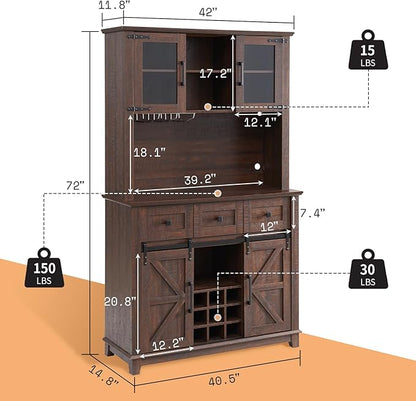 AMERLIFE 72'' Coffee Wine Bar Cabinet with Sliding Barn Door, Farmhouse Kitchen Sideboard, Buffet Storage Table, Wine Glass Racks, 3 Drawers, LED Lights, Tall Hutch Home Bar for Dining Room Brown