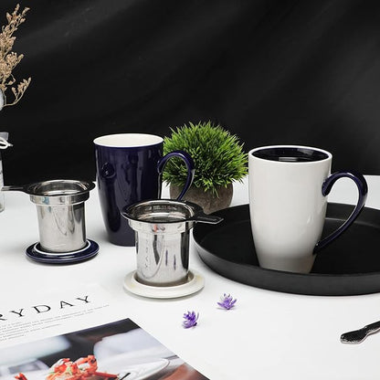 amhomel Porcelain Tea Mug with Infuser and Lid, 16 Ounce Ceramic Tea Cup for Loose Leaf, Coffee, Cocoa and Milk, Tea Gift for Tea Lovers, Set of 2(Navy Blue and White)