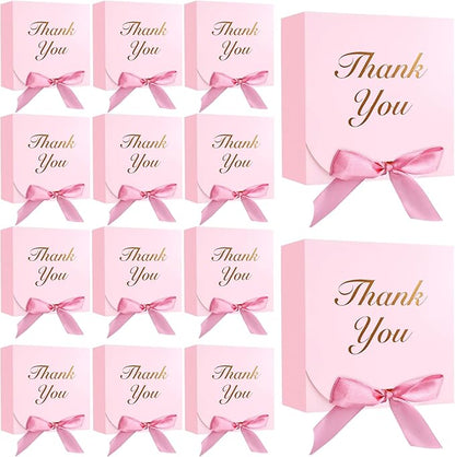 VGOODALL 20PCS Thank You Gift Boxes, 4.5x4.5x1.9Inches Mini Party Favor Boxes Pink Treat Bags with Bow Ribbon for Wedding Bridal Baby Shower Birthday Party