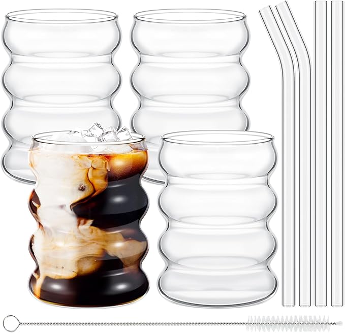 Tessco for you 4 Pcs Creative Glass Cups Vintage Drinking Glasses Ribbed Glassware Aesthetic Cup Entertainment Dinnerware Glassware with Straws Set for Kitchen Coffee Beverage(13.5 oz,Clear)