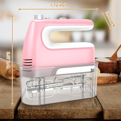 Hand Mixer Electric, 5-Speed Powerful 400W Motor, Hand Mixer Electric Handheld, Handheld Mixer with Turbo Boost & Storage Case, 2x Flat Beaters, 2x Dough Hooks, 1x Whisk for Baking (Pink)