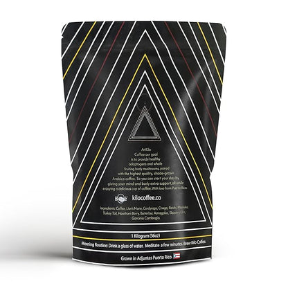 Kilo Coffee - 1 Kilogram Adaptogenic Mushroom Coffee. Whole Fruiting Body: Lions Mane, Chaga, Reishi, Cordyceps. Single Origin from Puerto Rico, Low Acid. 2.2lbs