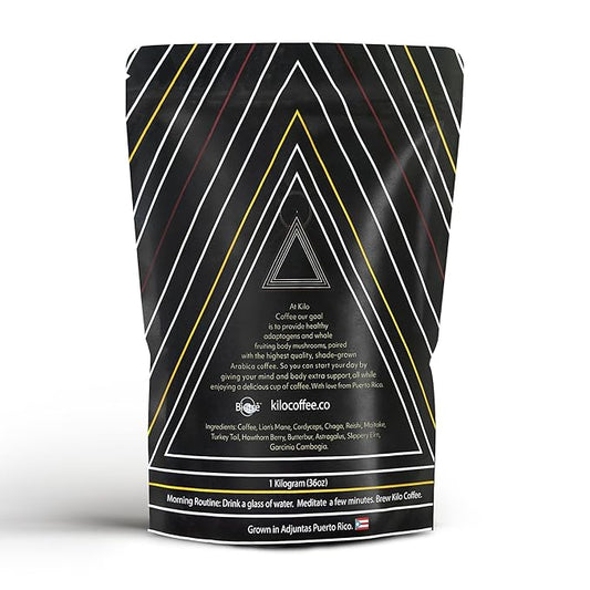 Kilo Coffee - 1 Kilogram Adaptogenic Mushroom Coffee. Whole Fruiting Body: Lions Mane, Chaga, Reishi, Cordyceps. Single Origin from Puerto Rico, Low Acid. 2.2lbs