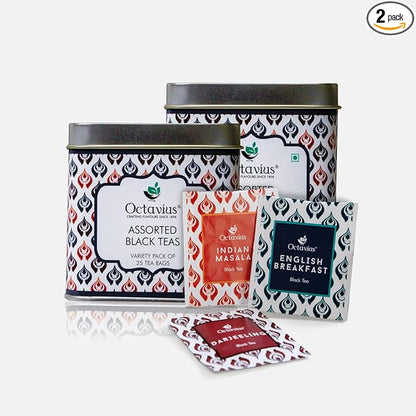 Octavius Tea Variety Pack | 3 Assorted Black Teas | 25 Teabags Per Pack | Sampler Tea Pack | Pack of 2 | 50 Teabags Total | Premium Indian Black Tea Collection