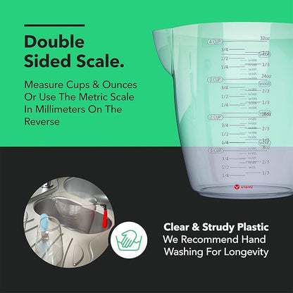 Vremi 3 Piece Plastic Measuring Cups Set - BPA Free Liquid Nesting Stackable Measuring Cups with Spout and Decorative Red Blue and Green Handles - includes 1, 2 and 4 Cup with Ml and Oz Measurement