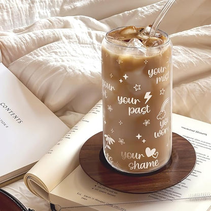 Christian Inspiration16oz Can Glass Tumbler with Bamboo Lid & Straw, Inspirarional Iced Coffee Cup for Women Girls, Religious Gift for Birthday Christmas